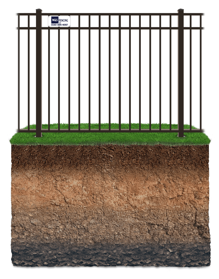Ornamental Steel fence illustration with above and below ground views.