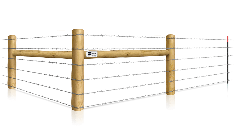 Barbed wire T-post fence with H-brace for farms in the Yuba City area.