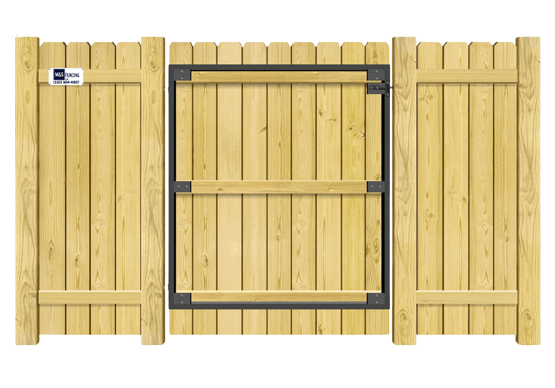 Wood gate in closed position
